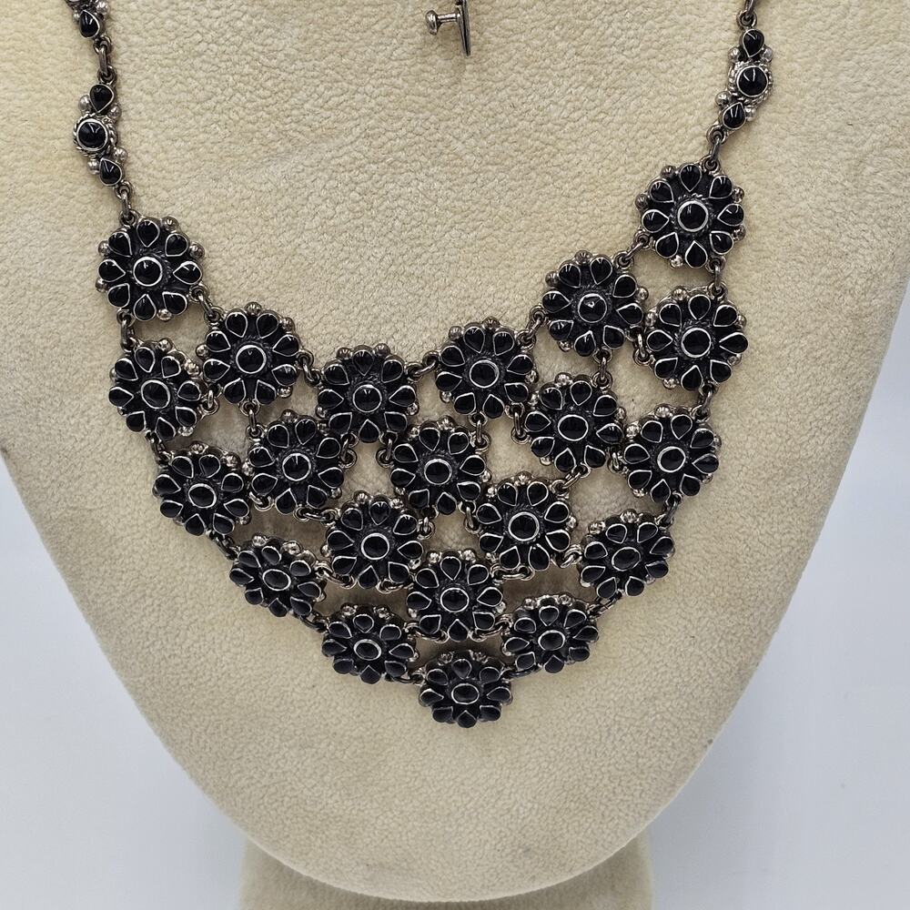 Vintage Taxco Sterling Silver Flower Floral Bib Necklace Bracelet Set Mexico - Picture 1 of 15